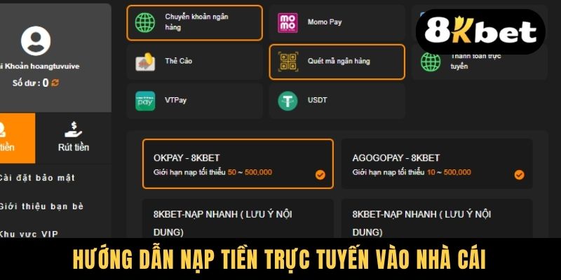 Hướng dẫn nạp tiền trực tuyến vào nhà cái